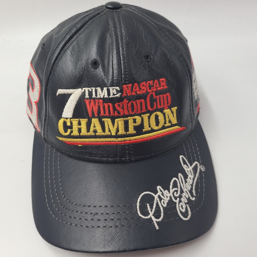 Vtg Dale Earnhardt Hat Strapback (Fits Small) Leather Black NASCAR #3 Champion